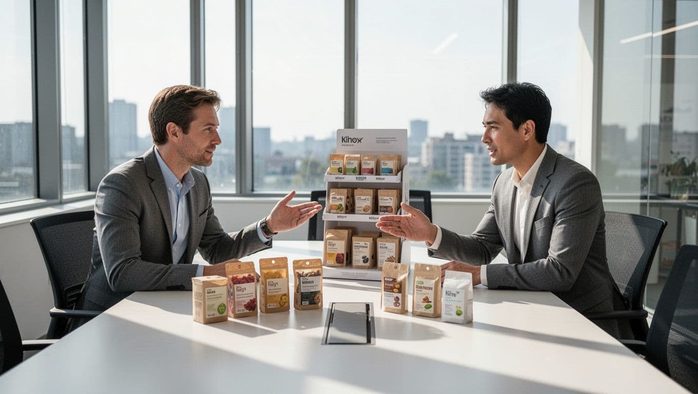 Two business professionals in business casual attire at a modern conference table in a bright office, reviewing shrink-wrapped multipacks, over-labels, multi-SKU kits, and display assemblies, with one pointing to a retail display prototype.