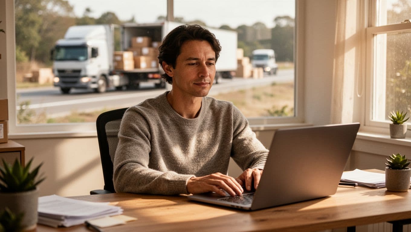 Small retail brand owner sits relaxed at desk in bright home office with laptop open to sales dashboard, background showing blurred Amazon packages delivering quickly via trucks and Prime badges.
