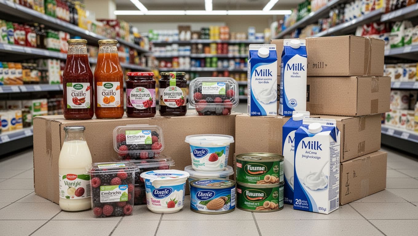Realistic supermarket scene showing exactly 10 rigid packaging items including glass bottles with sauce, plastic jars with jam, clamshells with berries, tubs with yogurt, metal cans with tuna, paper cartons with milk, and stacked corrugated boxes on shelves and floor display under natural lighting.