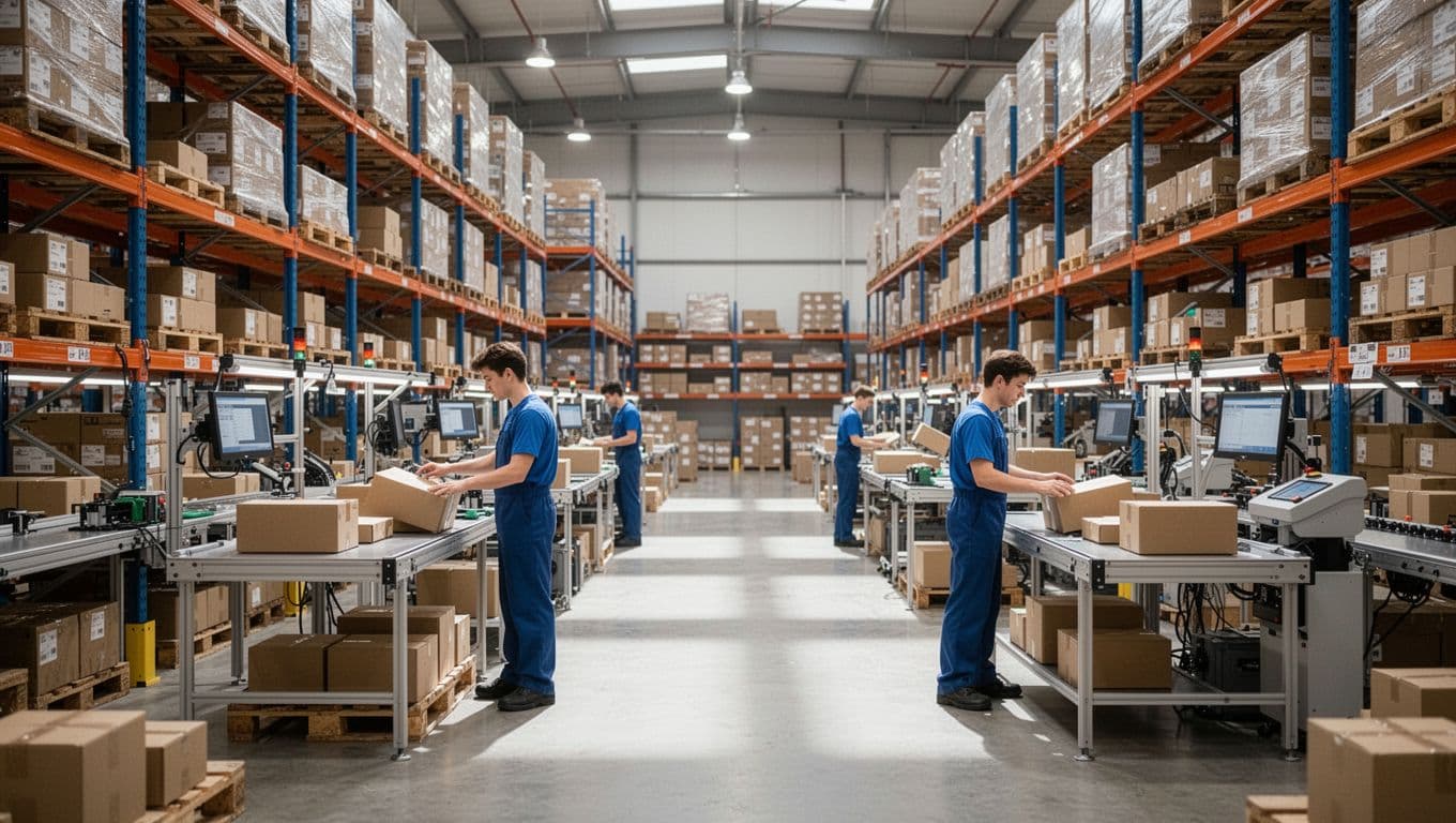Modern scalable 3PL warehouse interior with organized pallet racks showing growing inventory, multiple active packing stations for peak volume, and two workers efficiently picking and packing orders under bright industrial lighting.