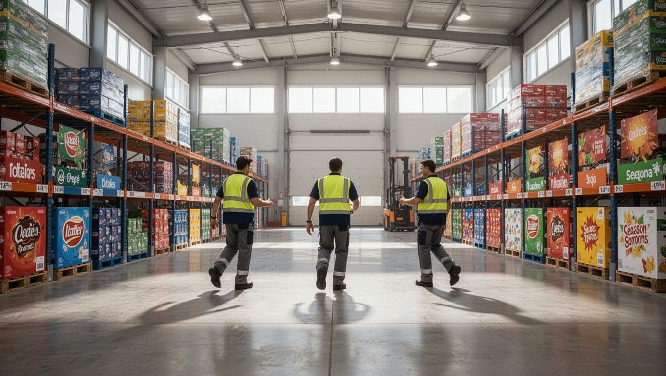 Modern scalable warehouse facility with organized zones for multiple retail channels and omnichannel fulfillment, pallets labeled for retailers including seasonal promotions, and exactly three workers coordinating growth operations under bright natural lighting.
