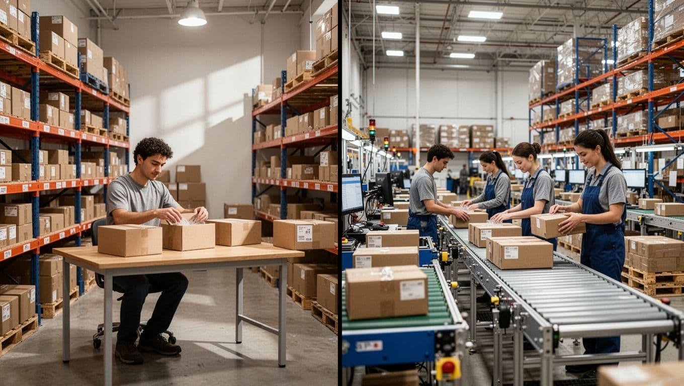 Side-by-side realistic industrial photo: left shows compact self-fulfillment setup with one worker packing boxes in small warehouse; right shows busy 3PL warehouse with three workers at organized stations and pallet racks.