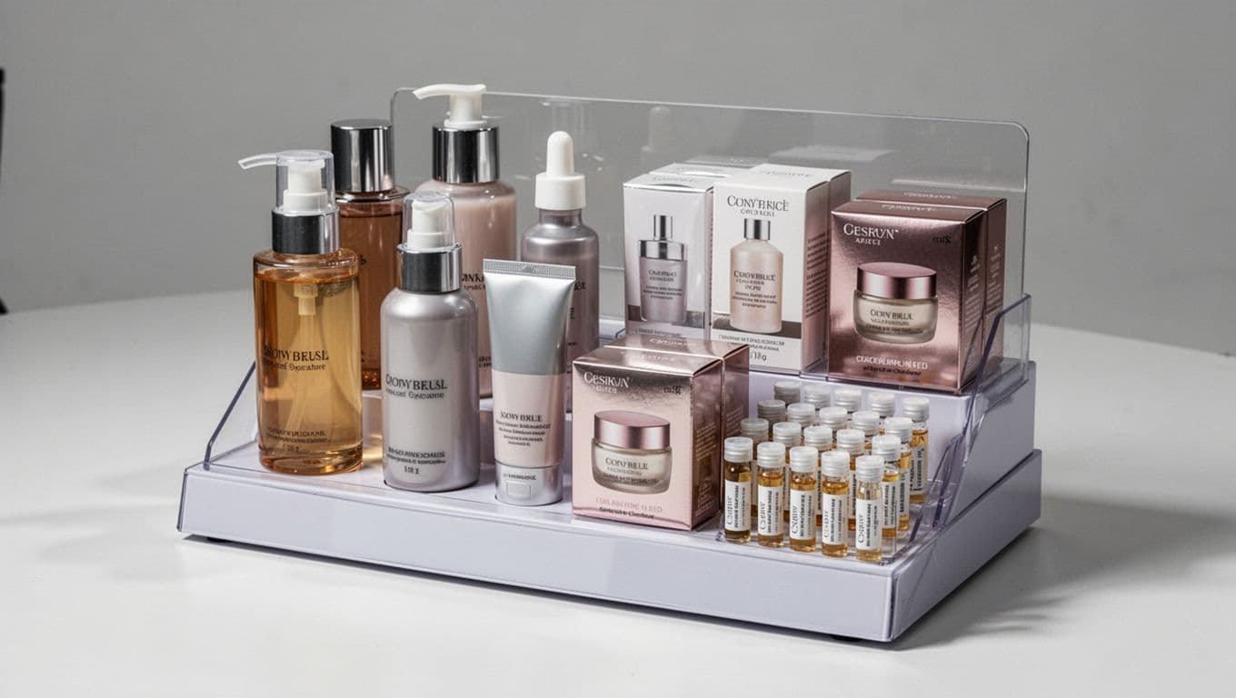 Assembled retail POS stand with neatly arranged skincare bottles, boxes, and samples.