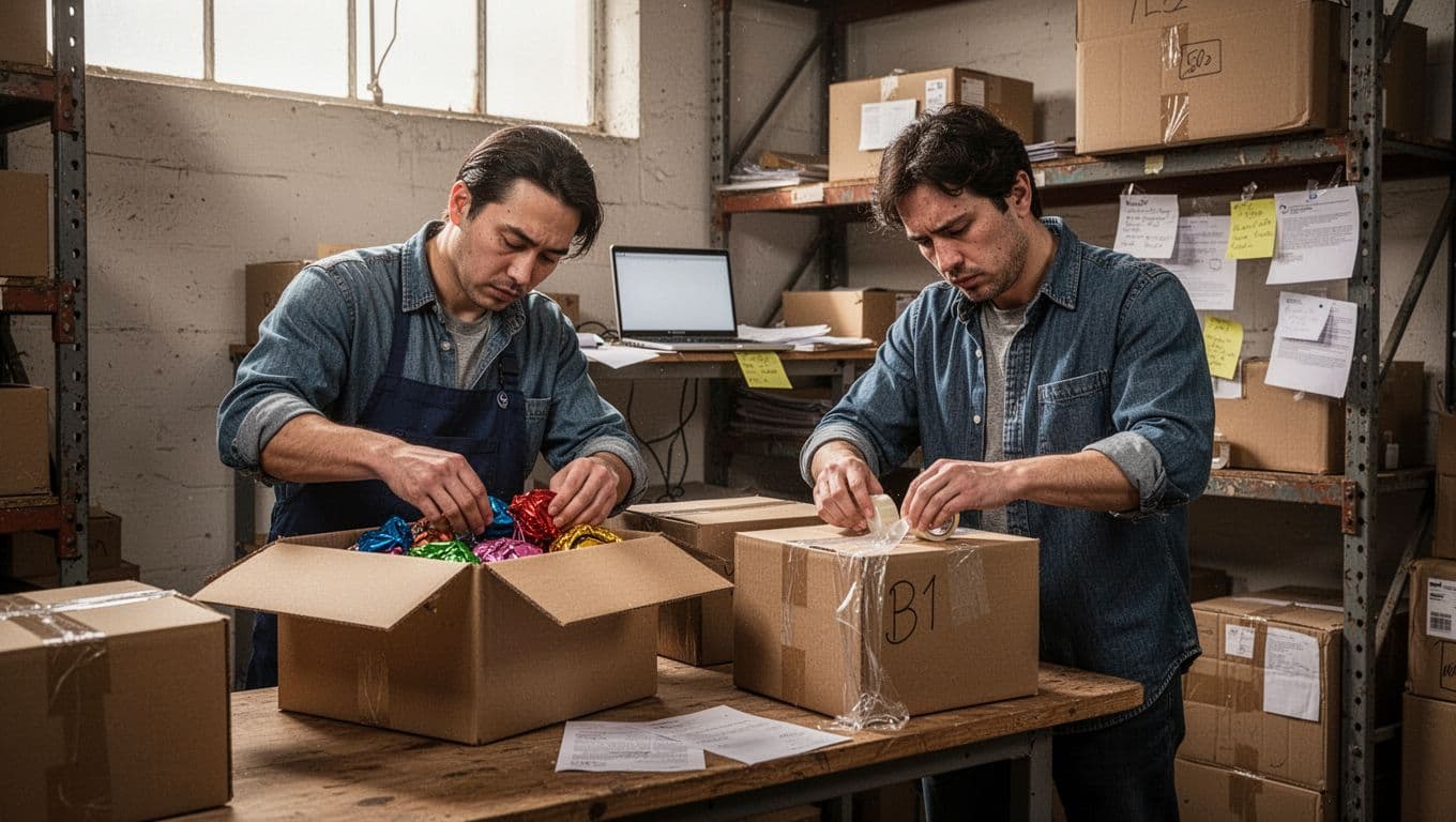 Two workers pack colorful boxes in cramped warehouse corner, one placing items at table, other sealing with tape looking tired.