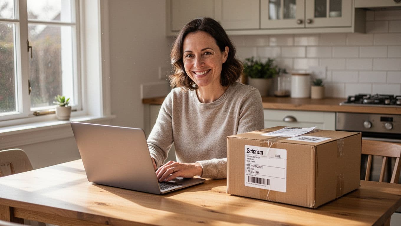 A smiling customer at a home kitchen table prints a return shipping label from a laptop, with a package ready to ship nearby in a simple, organized setup bathed in bright daylight.