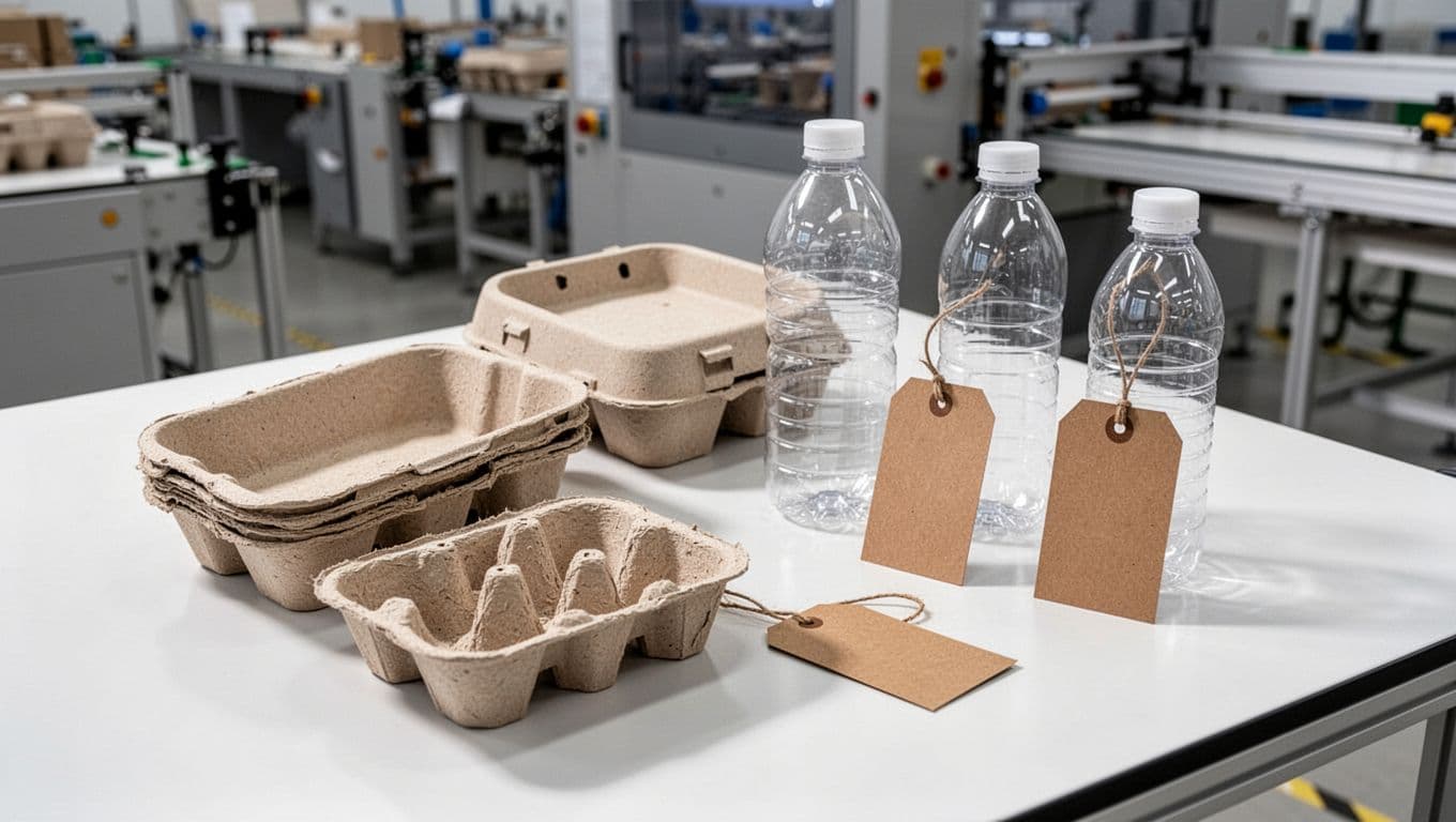 Assortment of sustainable recyclable packaging options like paper pulp molded trays, mono-material plastic bottles, and compostable labels on a clean white production table, with blurred modern packaging facility background.