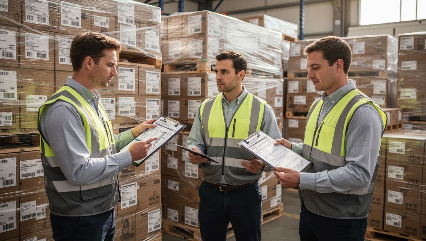 Team of three workers in a modern warehouse conducting compliance audit: checking pallet labels, inspecting packaging, and reviewing shipping documents amid organized stretch-wrapped pallets ready for Costco.