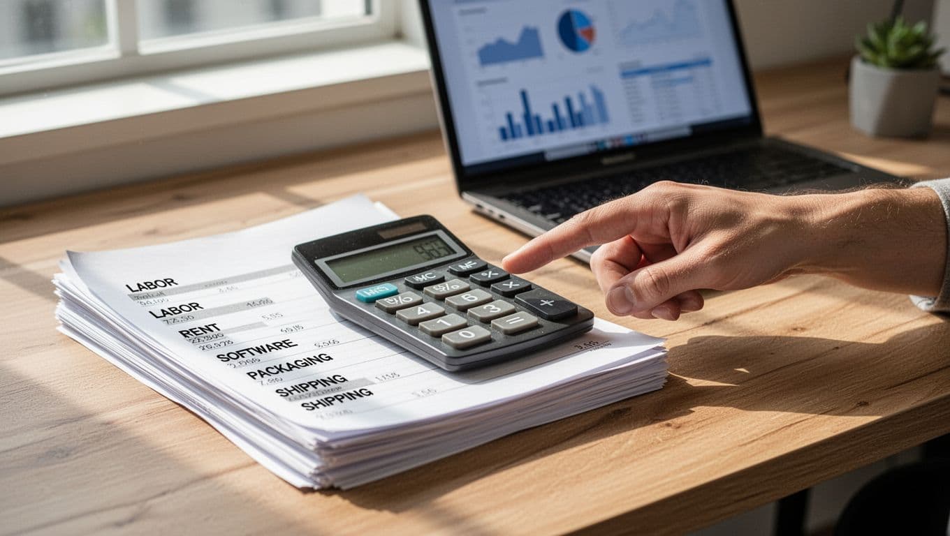 Calculator and stack of invoices for labor, rent, software, packaging, materials, and shipping labels on a wooden desk next to a laptop with blurred charts, one hand pointing at numbers in natural daylight.