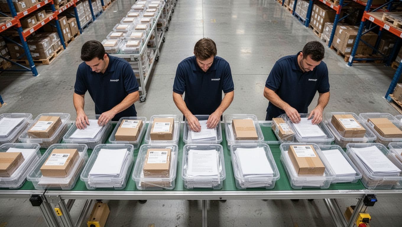 Three workers build identical kits from shampoo bottles, boxes, and inserts on a long assembly table, overhead view.