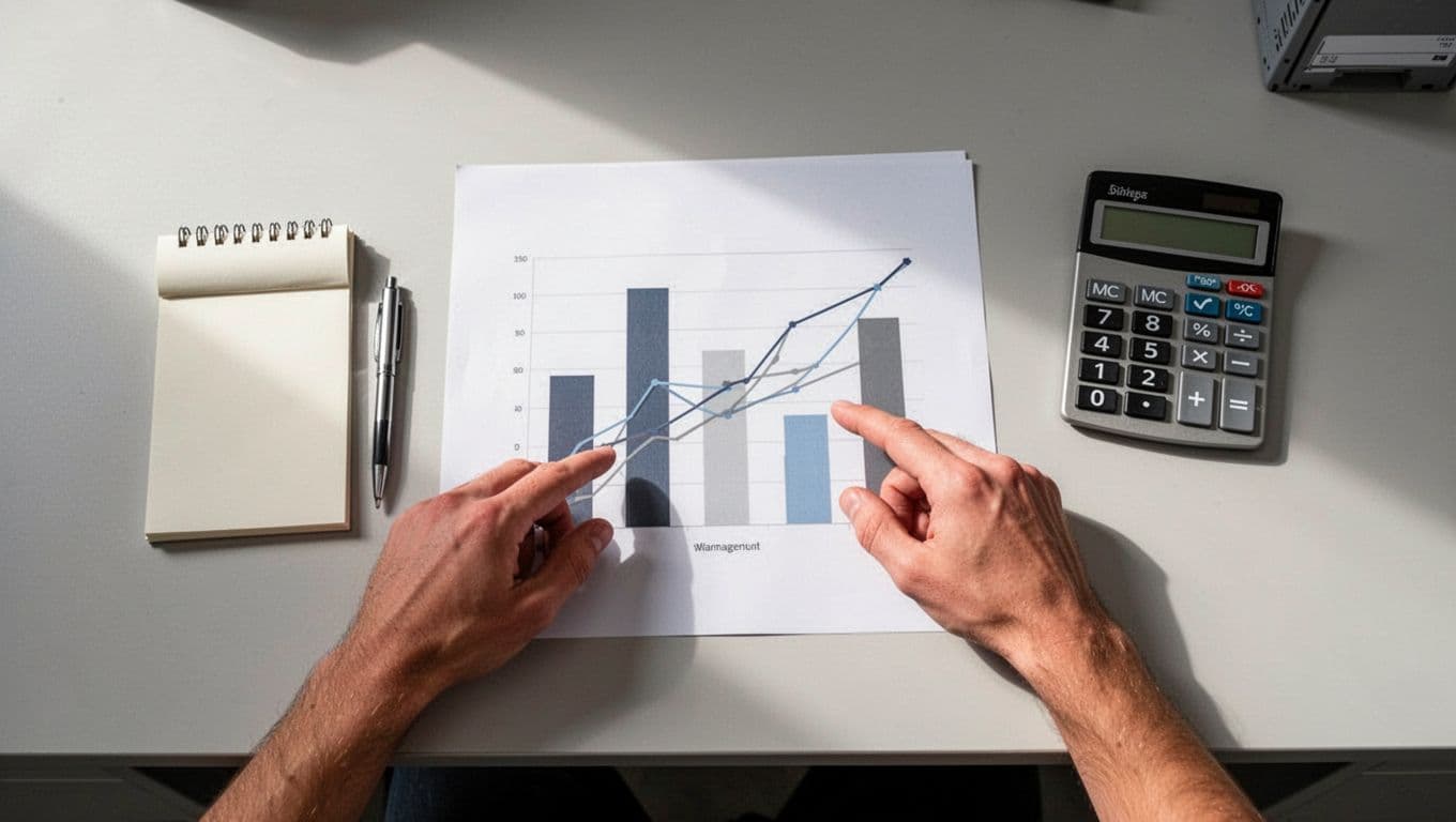 Top-down view of warehouse office desk with printed charts, graphs, notepad, pen, calculator, and hands pointing at graph.