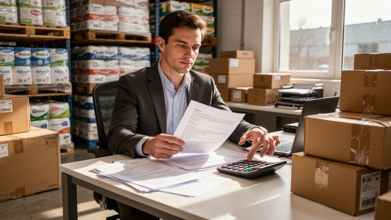Cluttered warehouse office desk with invoices, calculators, and spreadsheets showing MOQ numbers and fees, near stacked pallets and boxes. Exactly one focused professional reviews documents under bright natural daylight, realistic photo style.