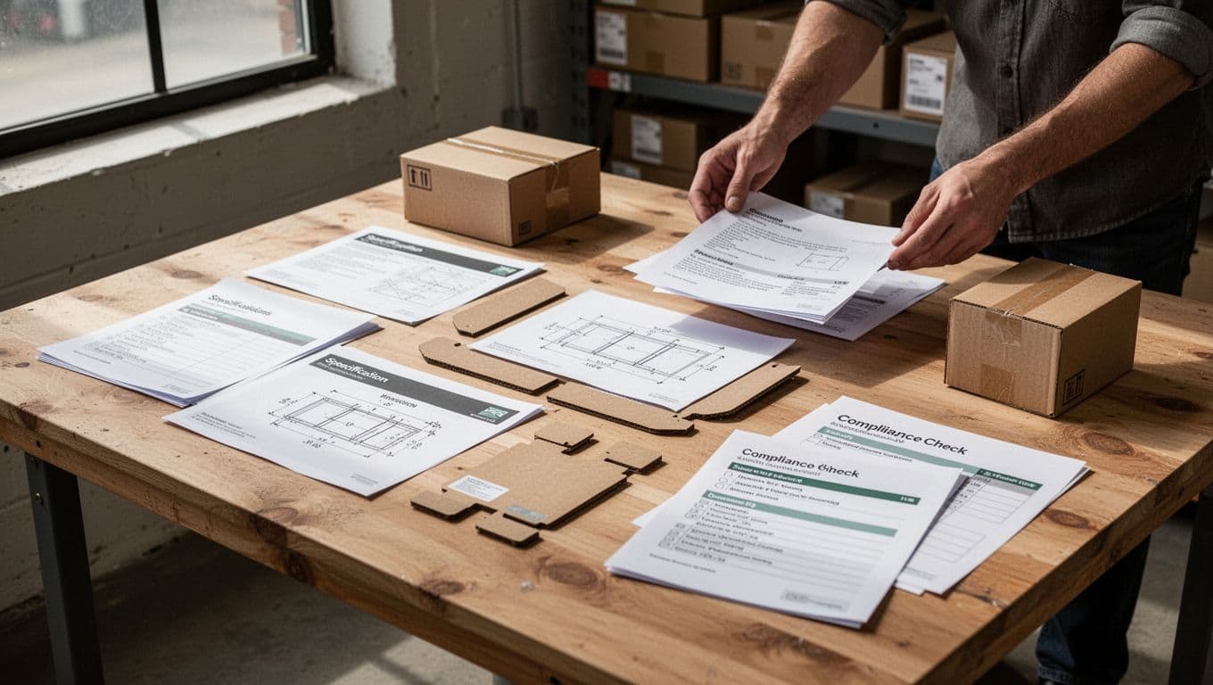 Organized warehouse office desk with spec sheets, sketches, labels, checklists, small boxes; two hands place papers in natural daylight.