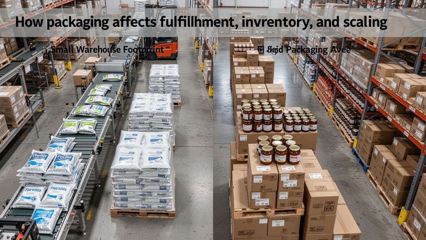 Overhead split-view of warehouse packing: left shows fast flexible pouch stacking for compact scaling; right depicts slower rigid jar/box handling with larger inventory needs.
