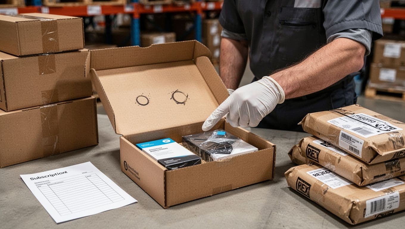 Inspector opens subscription box on warehouse table, revealing empty spot and damaged product, gloved hand pointing to error.
