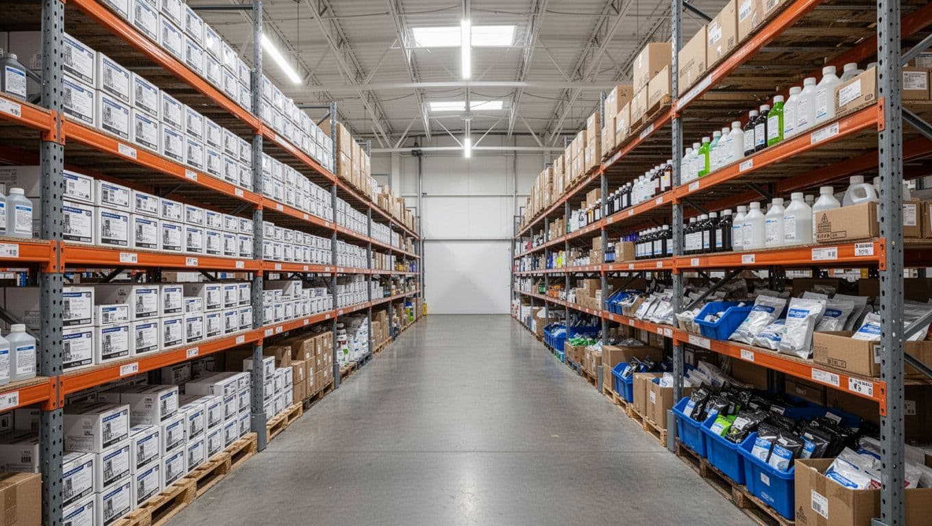 Side-by-side racks: left with neat rows of compact identical kit boxes, right with scattered bottles, boxes, pouches across shelves and bins.