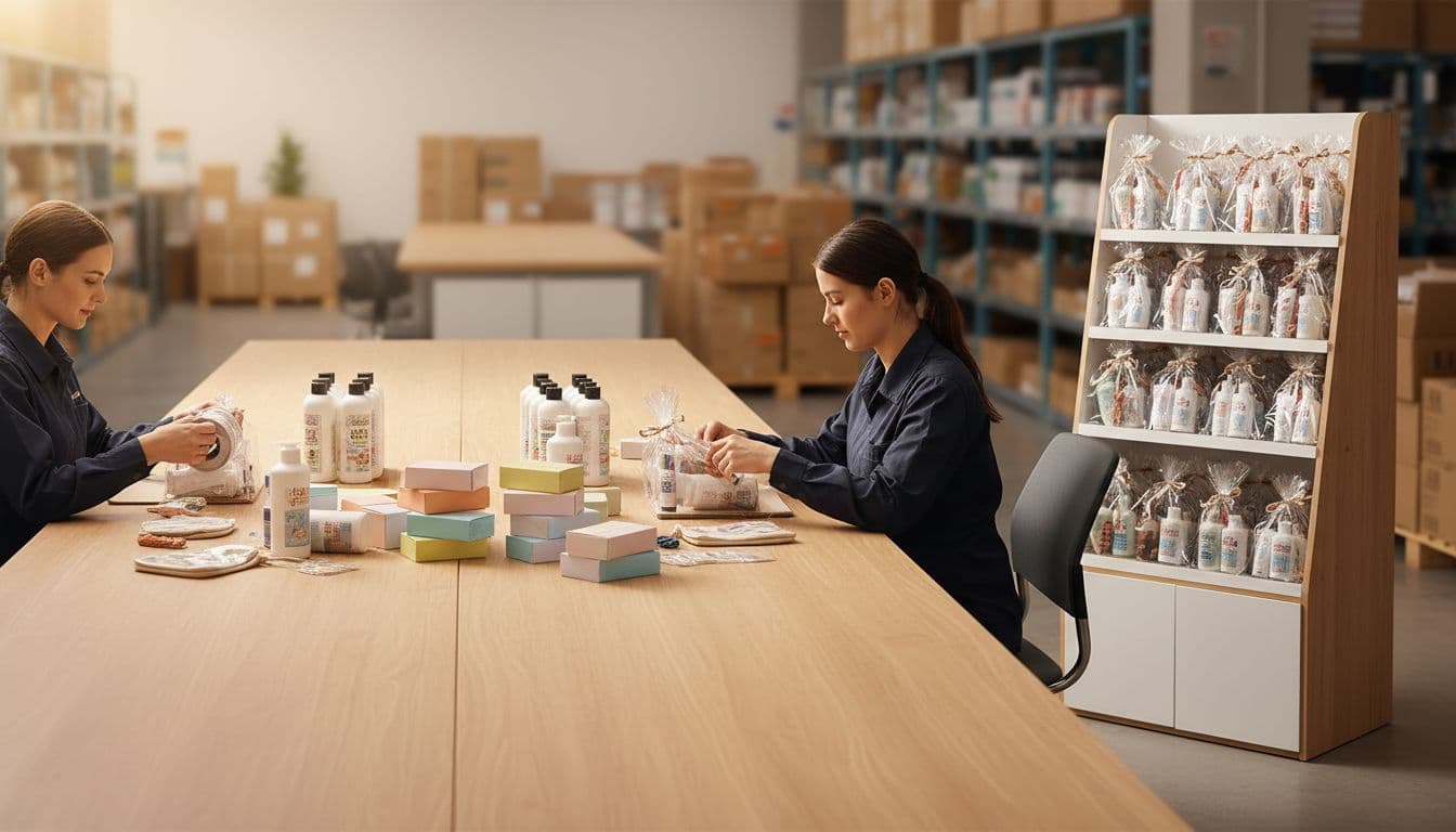 Two workers in a clean modern warehouse assemble promotional kits at a table by bundling shampoo bottles, cosmetics boxes, and accessories into organized packs, with one partially complete kit and hands placing an item nearby a finished retail point-of-sale display stand.