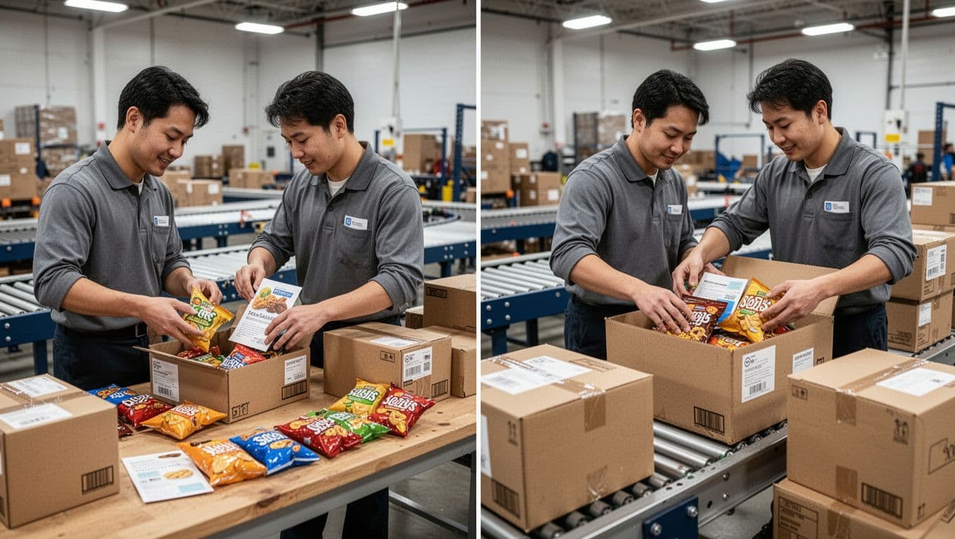 One worker assembles snack kits into subscription boxes, another packs pre-assembled items into shipping boxes, side-by-side with conveyor belts.