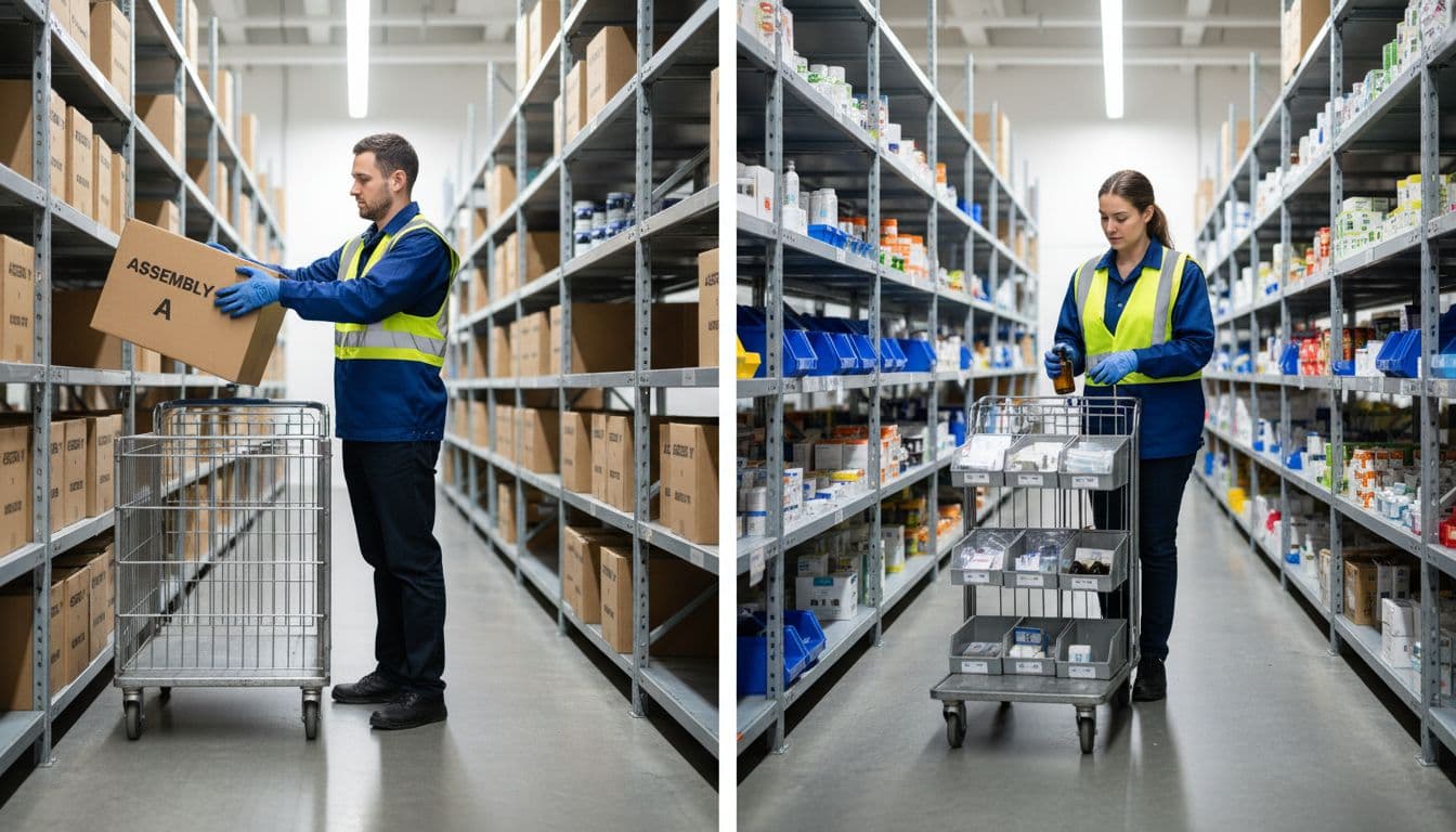 Split view shows left worker grabbing single kit box from nearby shelf to cart, right worker picking multiple items from distant shelves to cart.