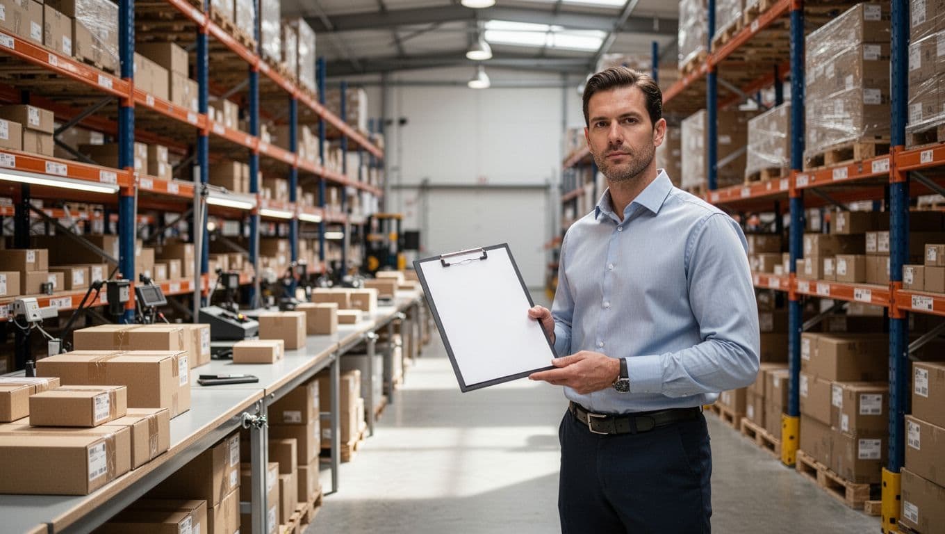 Warehouse manager holds clipboard beside organized packaging stations and inventory racks.