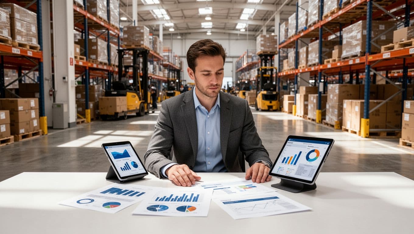 Warehouse manager sits at desk reviewing indistinct KPIs on tablet and charts in modern office overlooking warehouse floor.