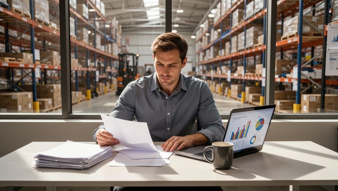 Warehouse manager at desk overlooking warehouse floor reviews printed reports and laptop charts.