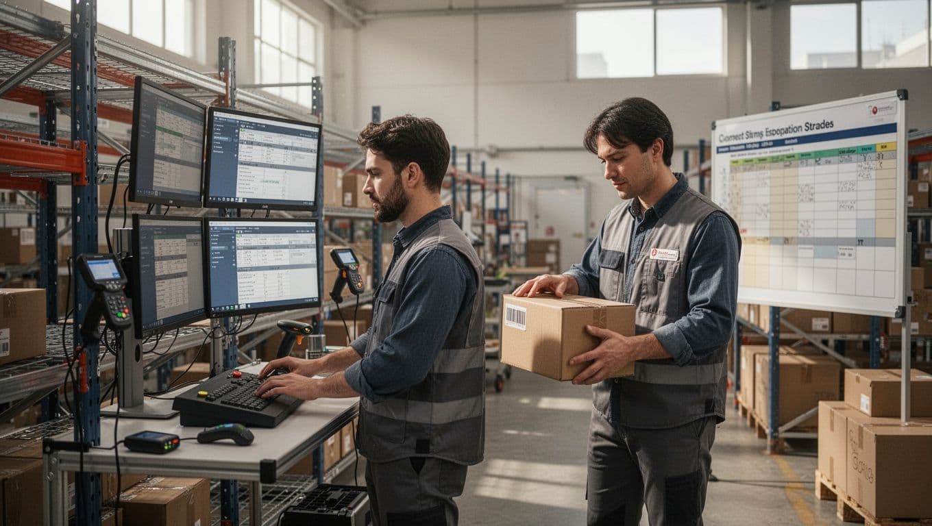 Modern warehouse shows inventory screens, barcode scanners, scheduling whiteboard, and inspector checking box amid organized industrial space.