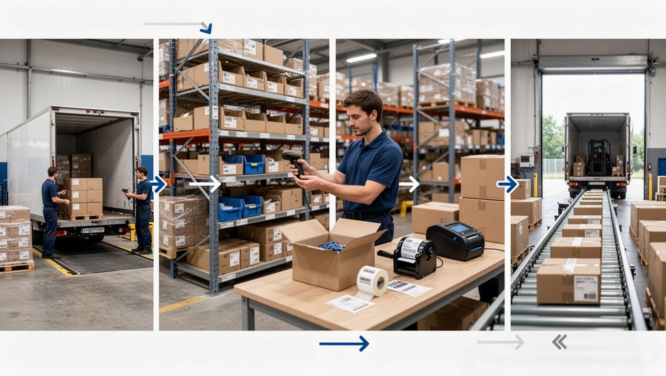 Sequential infographic illustration of the modern warehouse order fulfillment process, from incoming truck unloading pallets, inventory storage, worker picking item with scanner, packing, to outbound delivery on conveyor belt.
