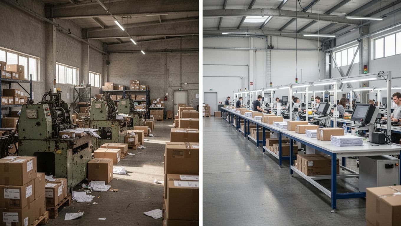 Split warehouse view: left cluttered with outdated equipment and scattered boxes; right clean with organized tables and modern setup.