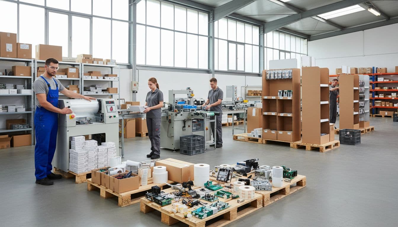 Warehouse scene depicting progression from foreground unpacked product components and labels, middle shrink wrapping and blister packaging stations with exactly two workers—one at shrink wrap machine, one assembling display—and background point-of-sale assembly, in bright natural light.