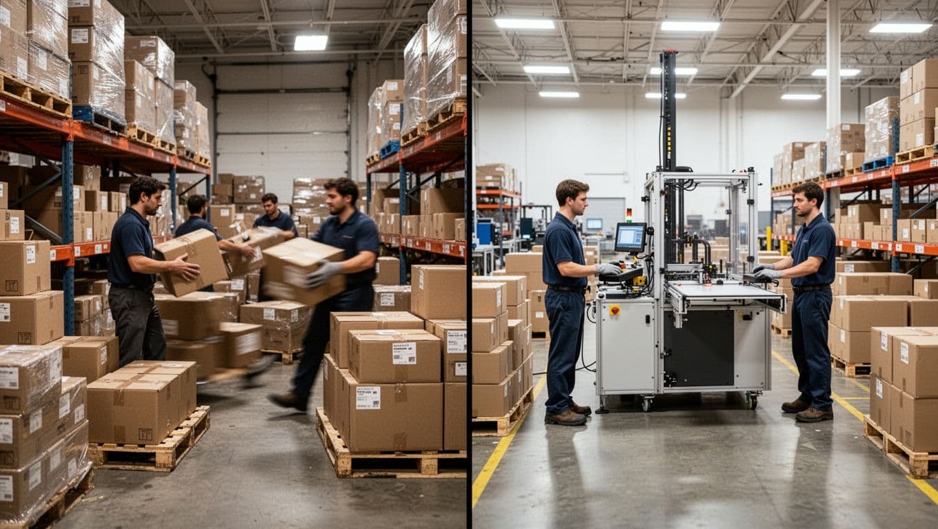 Split-view realistic warehouse photo contrasting chaotic in-house packing on the left with efficient co-packer operations on the right, featuring two workers per side under bright industrial lighting.