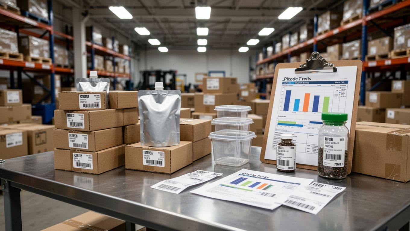 Warehouse packing station with small stacks of test packaging boxes containing flexible pouches and rigid containers, nearby clipboard with metrics charts, shipping labels, and sample products in a realistic industrial setting under overhead fluorescent lighting, clean and organized composition with no people or visible text.