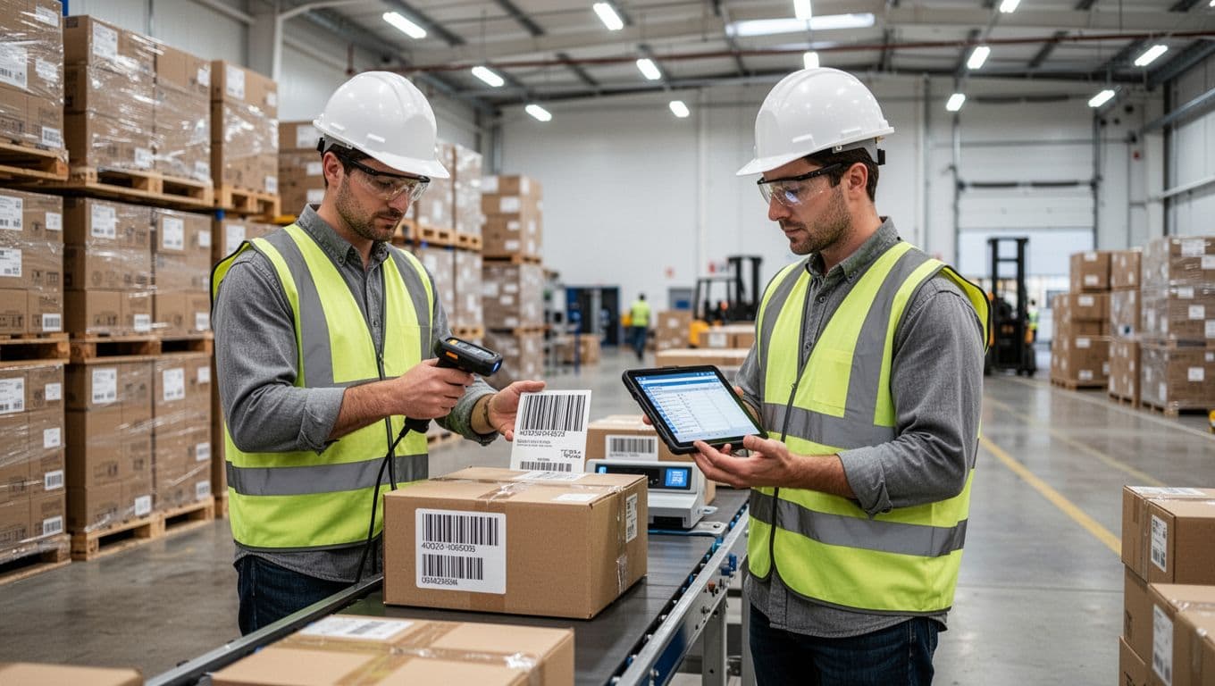 Two workers in safety gear at a quality control station in a clean modern packaging warehouse: one scans a barcode on a finished box with a handheld device, the other reviews an inventory list on a tablet, with neatly palletized boxes and a shipping area in the background under bright lighting.