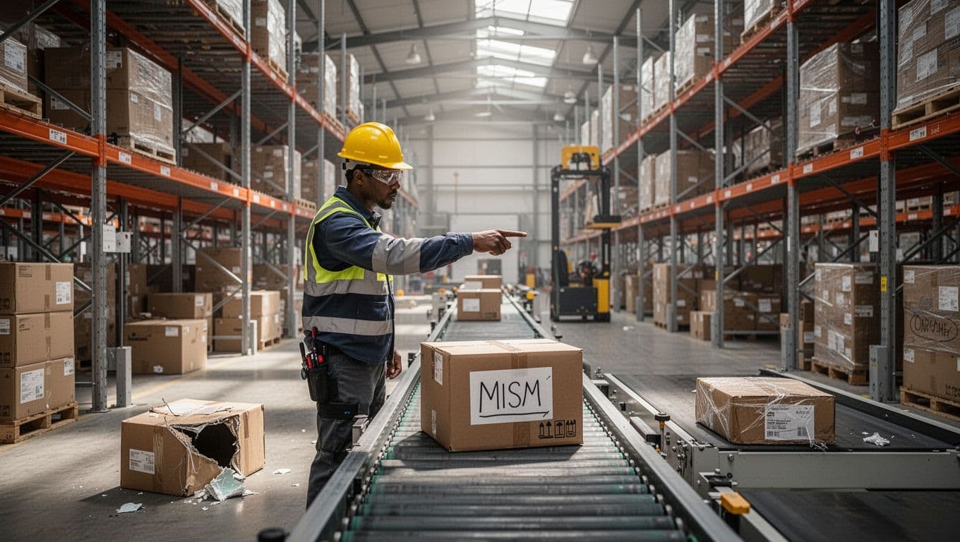 Warehouse scene showing quality control issues in outsourced packaging: inconsistent labels on boxes, some damaged items on a conveyor belt, one worker in safety gear pointing at a mislabeled box in foreground, modern clean industrial facility background.