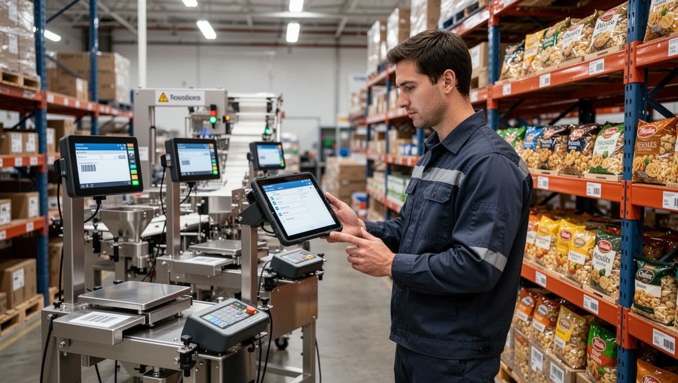 Technician in modern warehouse quality control area uses tablet to check inventory accuracy near checkweighers, scanners, and neatly labeled retail packs on shelves under bright industrial lighting.