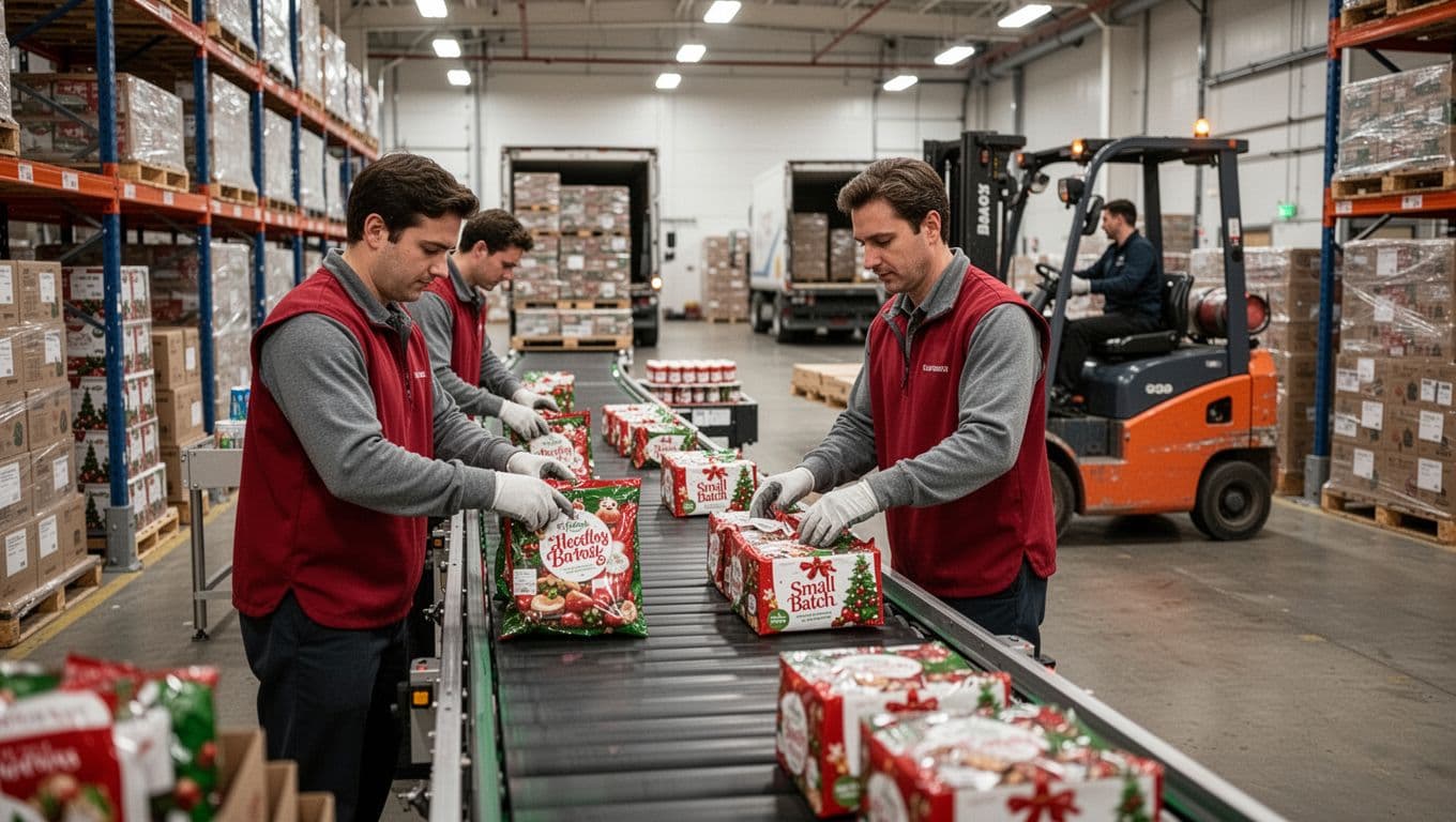 A dynamic warehouse scene shows small batch products arriving by forklift in the foreground, two workers assembling holiday promo packs at high-speed lines in the midground, and trucks loading pallets in the background under industrial lighting.