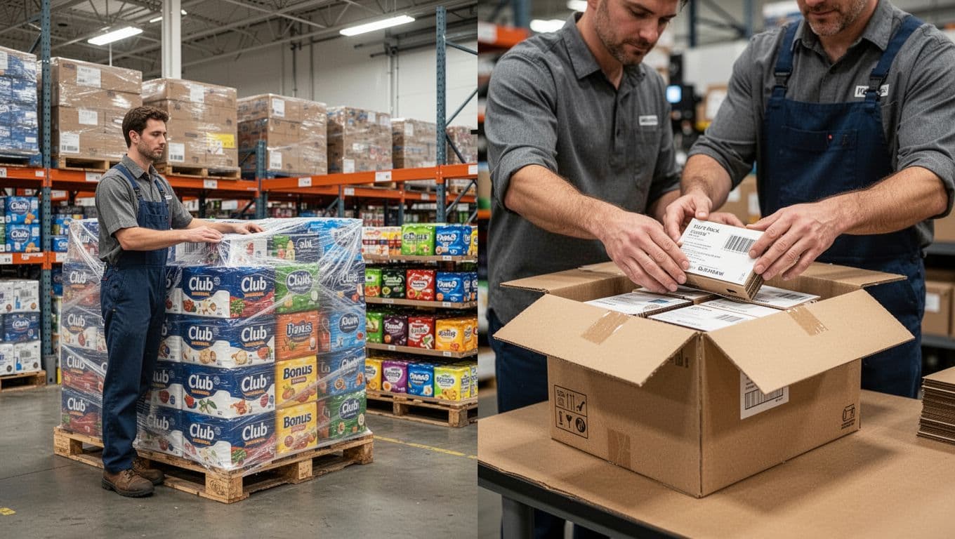 Modern warehouse in split view: left side shows retail shelf preparation with shrink-wrapped club, bonus, and variety packs on pallets stacked by one worker; right side depicts e-commerce pick, pack, and ship area with one worker sealing an individual order box. Clean industrial setting with even lighting and realistic photo style.
