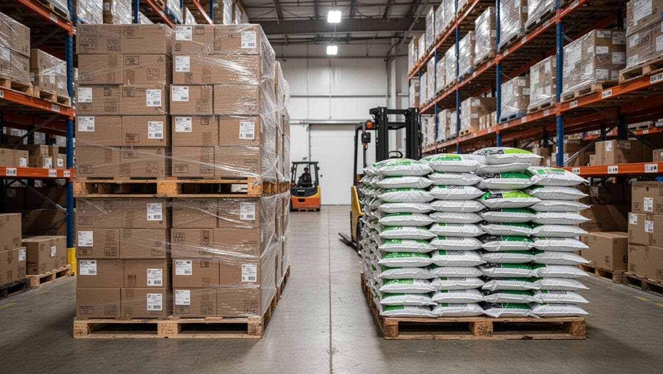 Industrial warehouse comparison showing tall stacks of rigid boxes and pallets on the left taking more space, versus compact flat stacks of flexible pouches on the right; realistic photo with overhead lighting, forklift and shelves in background.