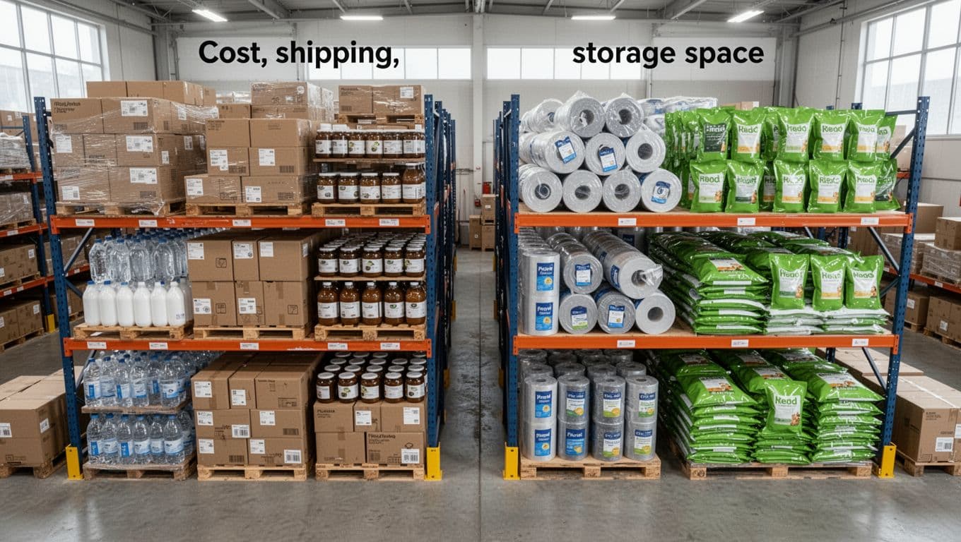 Side-by-side warehouse storage comparison: left shows bulky rigid packaging like stacked boxes, bottles, and jars filling full shelf height and width; right shows compact flexible pouches and bags occupying half the space. Realistic industrial overhead photo with wide-angle view and bright natural lighting.