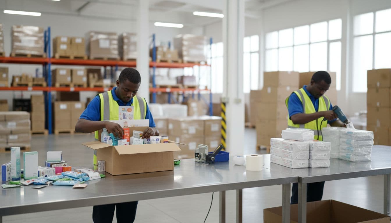 In a bright clean industrial warehouse, two workers assemble complex promotional kits with multiple SKUs on work tables, shrink wrapping retail-ready packs and relabeling items in a realistic product photography style.