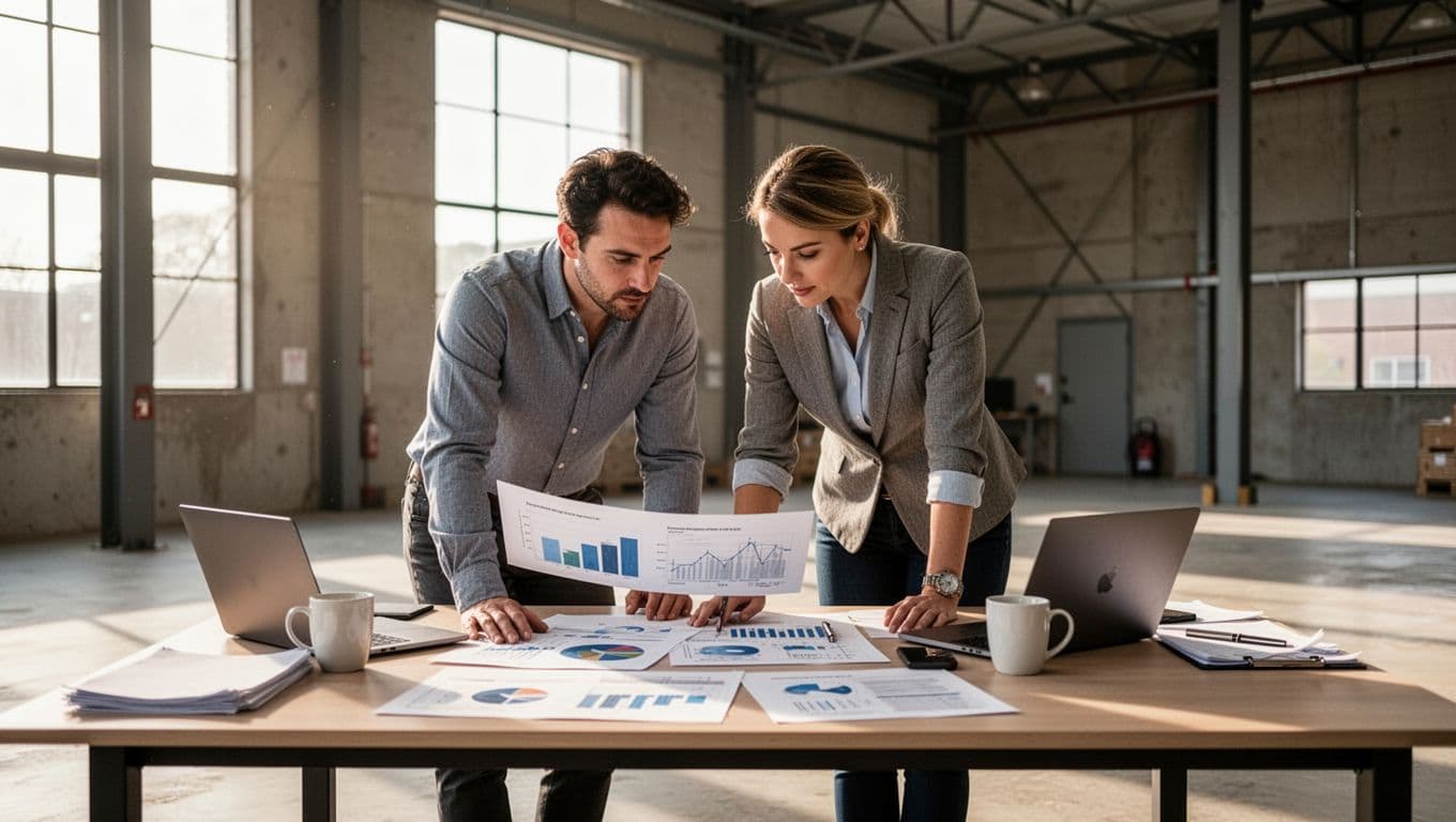 Two professionals in business casual review charts and spreadsheets on packaging costs, timelines, and capacity data in a warehouse office, with laptops and coffee mugs on the desk under bright daylight.