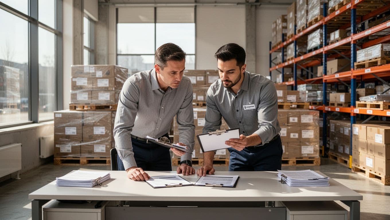 Warehouse manager and team member focused on reviewing retail compliance checklists on clipboards in a modern warehouse office, with pallets in the background.