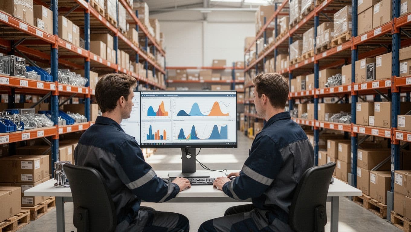 Worker at computer terminal views stock graphs with organized shelves of kit components and boxes in background.