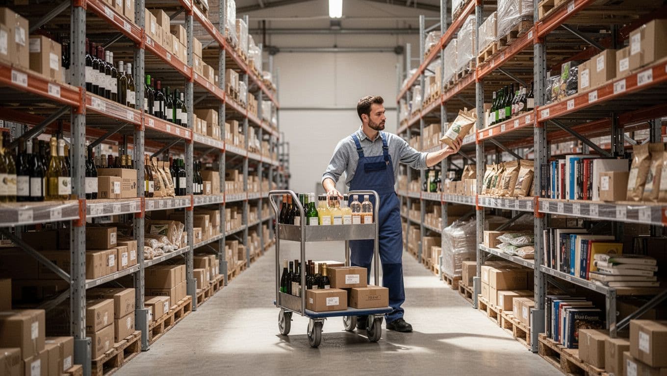 Warehouse worker selects skincare bottles, boxes, pouches, and books from shelves into cart.