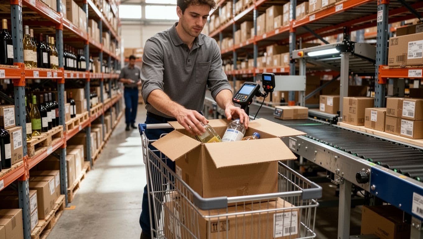 Worker pushes cart, scans and picks boxes and bottles from shelves, packs into shipping box near racks and conveyor.