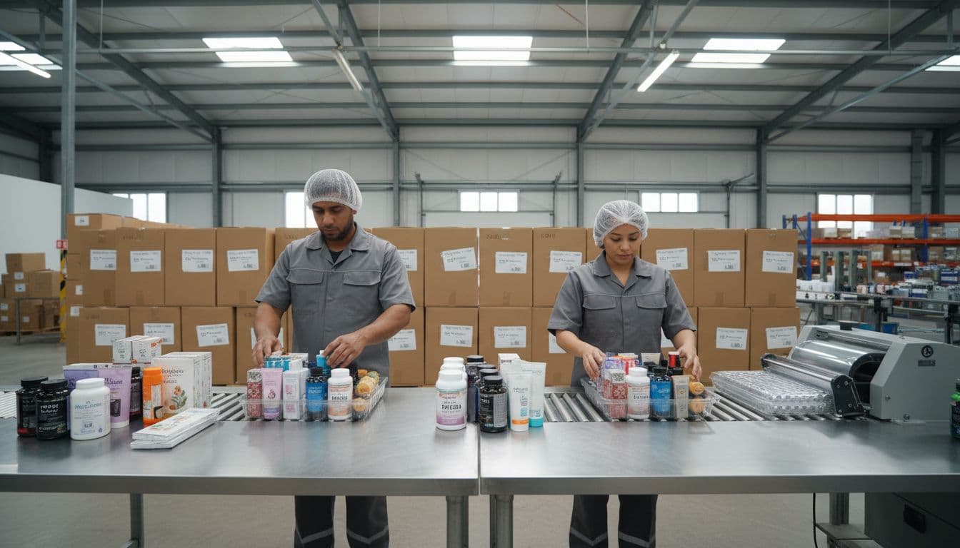Two warehouse workers pack beauty products and supplements into shrink-wrapped holiday bundles on tables near Amazon FBA boxes.