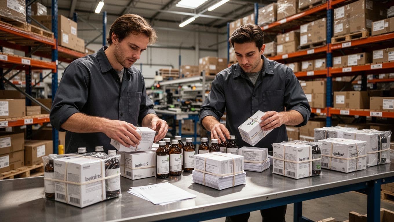 Two workers at an assembly station bundle boxes, bottles, and flyers into storage packages on a table with shelves behind.