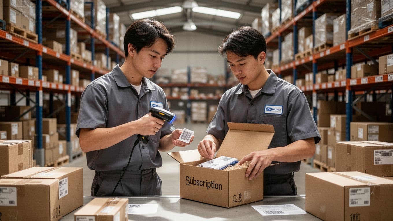 Two workers in uniforms at inspection station: one scans barcode on box, other verifies open box contents amid shelves.