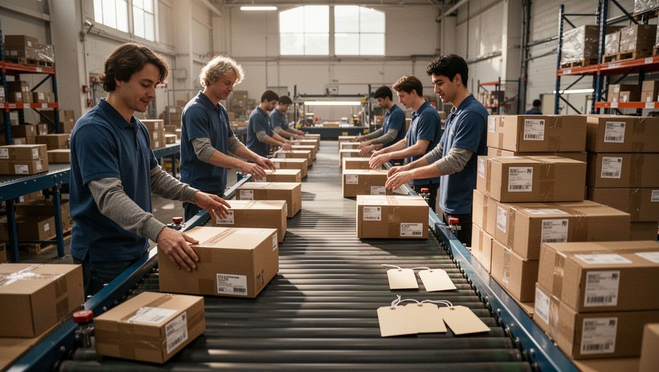 Three workers pack subscriber boxes and ecommerce orders onto conveyor belt with nearby stacks of boxes and labels in organized warehouse.
