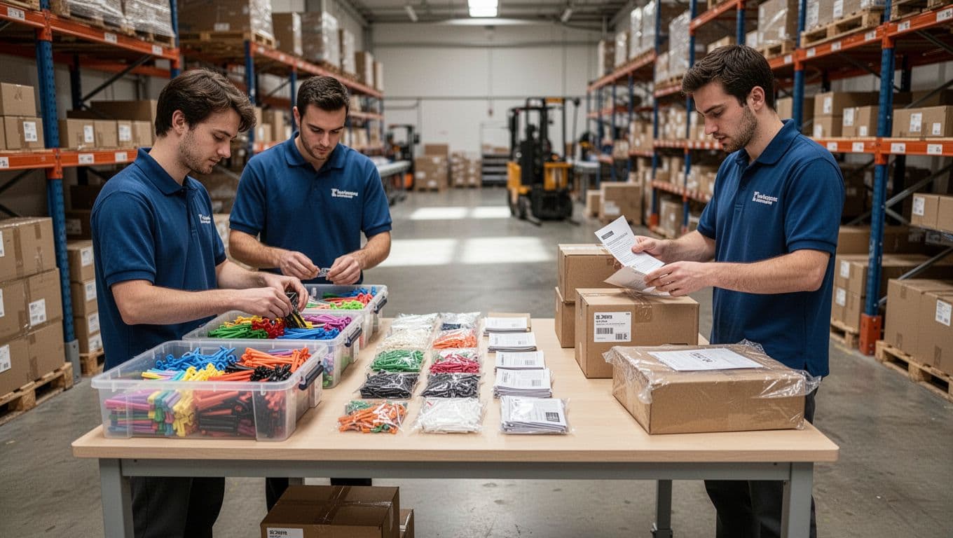 Two warehouse workers assemble colorful items into kits and seal subscription boxes at a clean packing station.