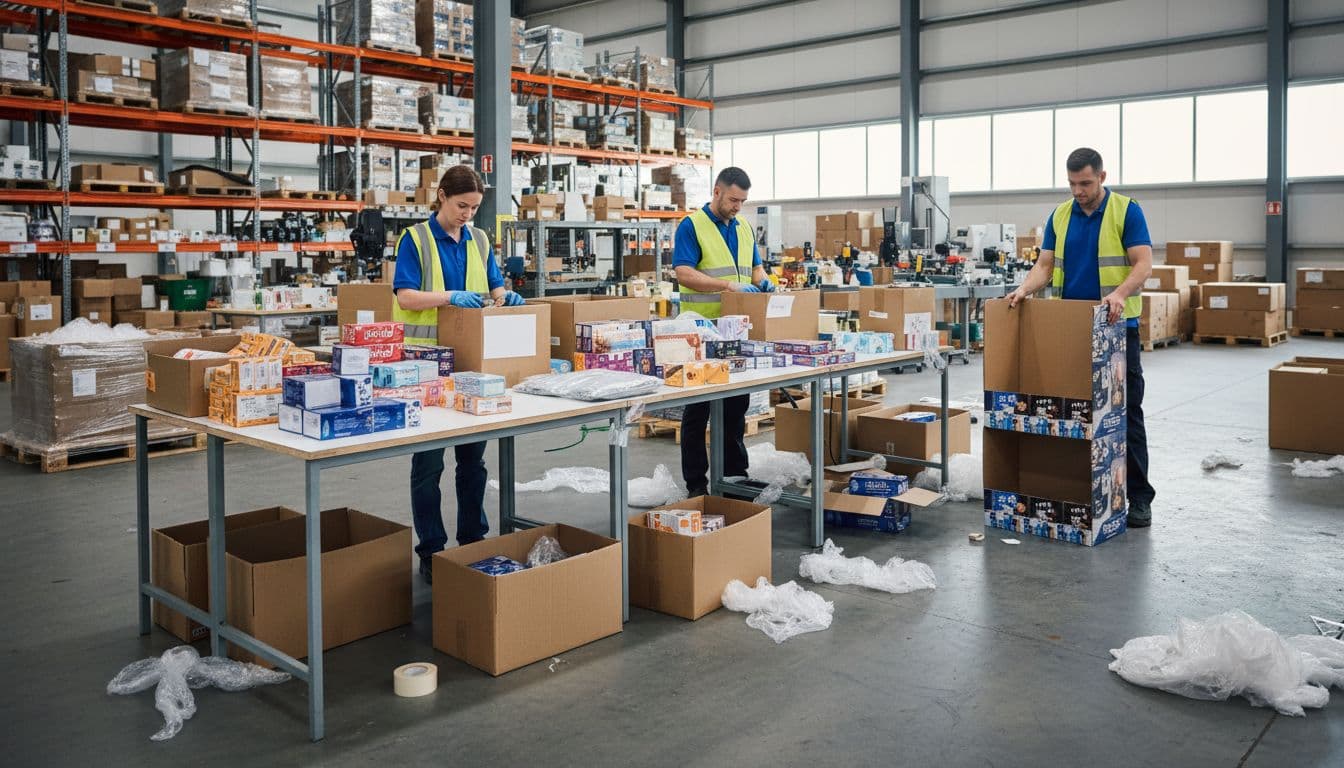 Three warehouse workers with focused expressions perform labor-intensive retail packaging prep: repacking products into bundles, labeling cases, and assembling point-of-sale displays on crowded tables in a modern warehouse under soft daylight.
